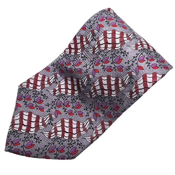 Geoffery Beene Red-Gray Floral Silk Necktie - Made in Italy - Like New - Picture 1 of 4